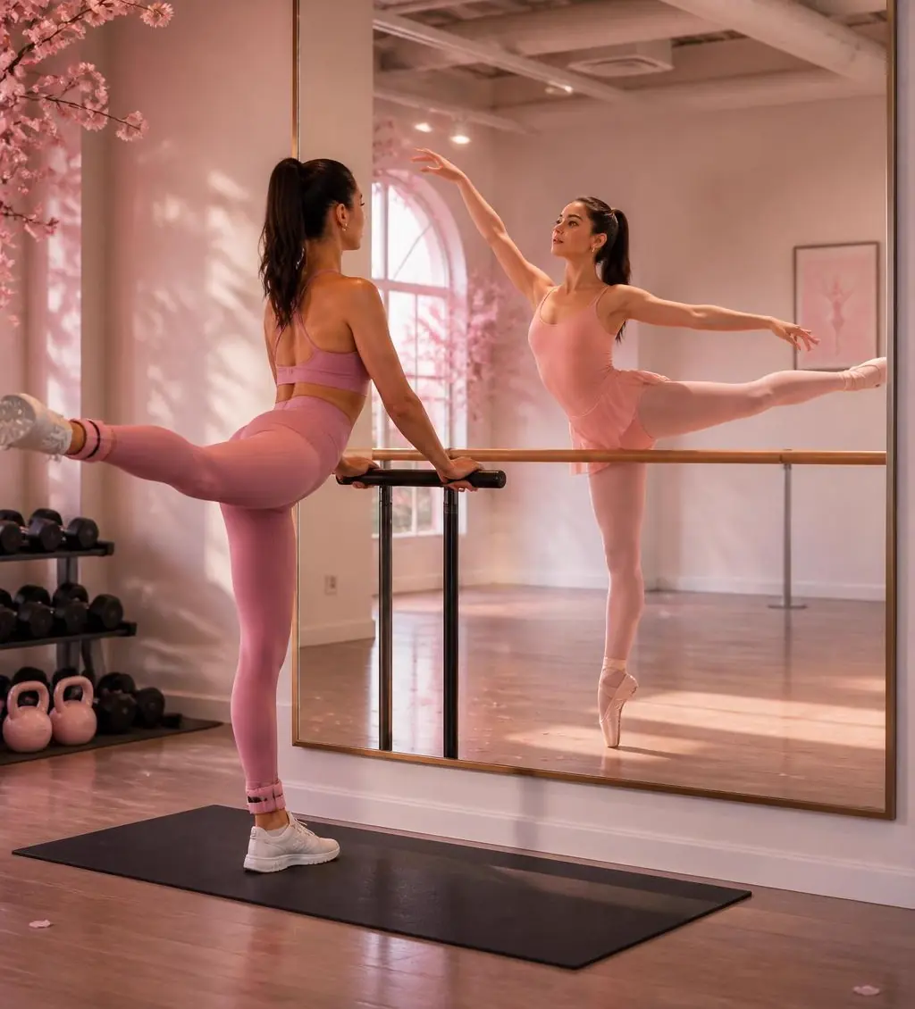 Mulher na academia com reflexo de bailarina no espelho
